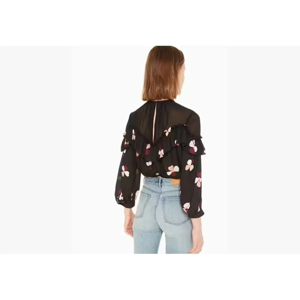 Kate Spade Dusk Buds Ruffle Top Black Floral Blouson Sleeve Sheer Chiffon Blouse